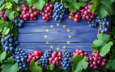Winemaking in European Union. EU flag framed by vine with red bunches of grape. Winery in Europe.