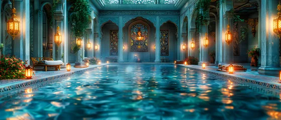 Fotobehang A luxurious spa pool in an architectural masterpiece, blending tradition with modern relaxation and beauty © MdIqbal