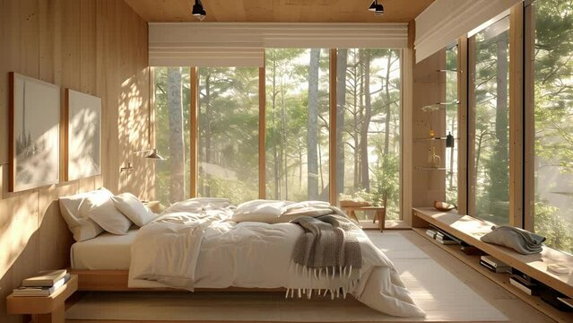 Imagine waking up to the sound of birds chirping in this Scandinavianinspired bedroom surrounded by light woods soft linens and large windows that make you feel connected