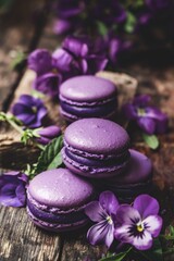 Purple macarons with cream filling on rustic wooden table with lilac flowers.