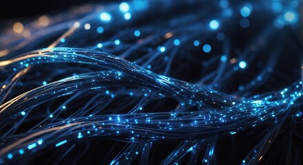 Glowing blue strands of fiber optic cables - obrazy, fototapety, plakaty