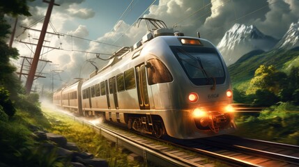 Fototapeta premium Electric train in motion with dynamic lightning effects on a sunny countryside landscape.