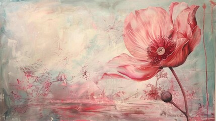 Ethereal Pink Poppy Painting on Textured Canvas Background
