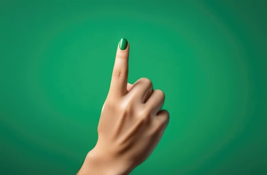 Index finger pointing direction on green background, close-up of a man's hand with finger outstretched