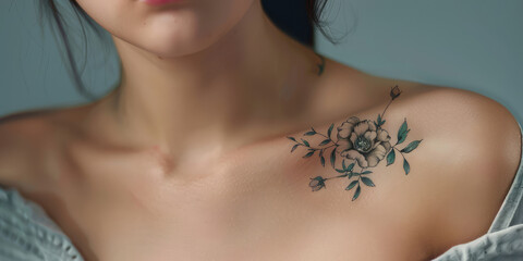 Delicate Floral Tattoo on Woman's Shoulder. Close-up view of a woman's collarbone featuring a detailed floral tattoo in minimal style.
