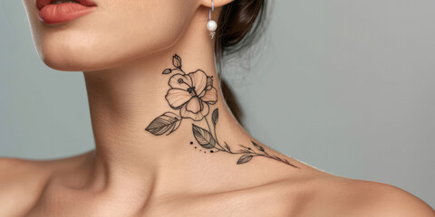 Delicate Floral Tattoo on Woman's Shoulder. Close-up view of a woman's collarbone featuring a detailed floral tattoo in minimal style, copy space.