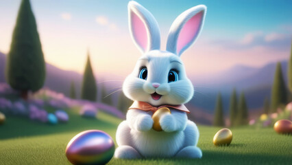 Fototapeta premium Cartoon easter bunny in fantasy and calm forest surrounded with decorated and colorful eggs. Have a blessed and happy Easter. Postcard Happy Easter rabbit