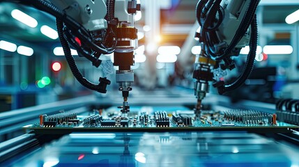 Electronic Devices Production Industry. Component Installation on Circuit Board. Precision and efficiency in component installation on PCBs.