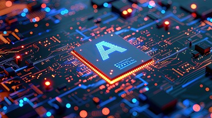  Close-up of advanced microchip AI. The neon glow on this AI chip showcases its futuristic design. - obrazy, fototapety, plakaty