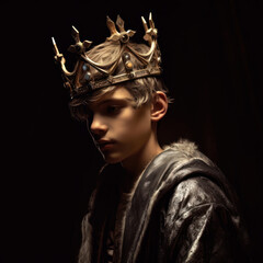 Young king or prince, boy wearing a crown on a dark background. AI generated - obrazy, fototapety, plakaty