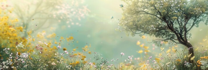 Fototapeta na wymiar Springtime with Flowers with Tree and Flowers in the Style of Light Emerald and Yellow with Soft Focus Storybook like Rendering Background created with Generative AI Technology