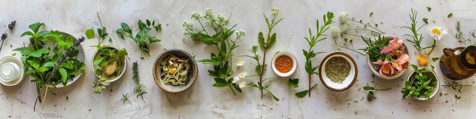 Herbal Wellness - An arrangement of herbs and natural remedies, promoting holistic wellness and herbal medicine. - obrazy, fototapety, plakaty