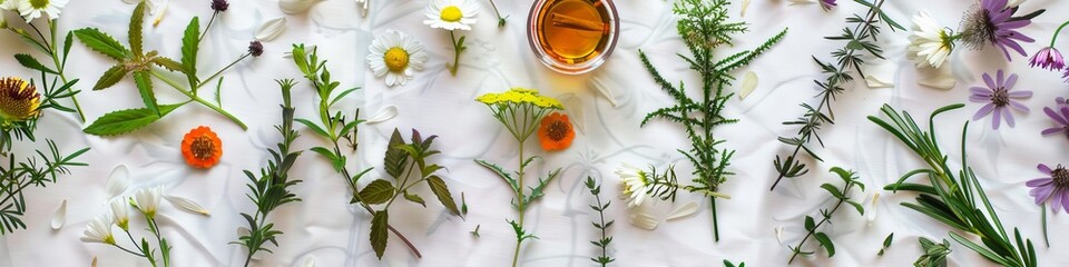 Herbal Wellness - An arrangement of herbs and natural remedies, promoting holistic wellness and herbal medicine.  - obrazy, fototapety, plakaty