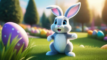 Cartoon easter bunny in fantasy and calm forest surrounded with decorated and colorful eggs. Have a blessed and happy Easter. Postcard Happy Easter rabbit