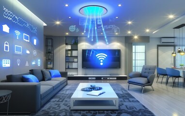 Smart Home Technology - A sleek, modern living space showcasing various smart home devices in action, highlighting convenience and innovation. 