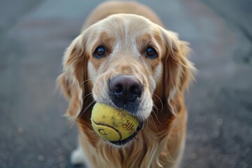 Playful Golden Retriever Holding Tennis Ball in Mouth