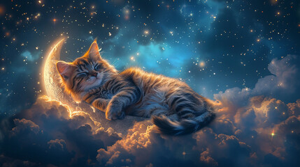 Tranquil cat lounging on a crescent moon, basking in cosmic serenity. - obrazy, fototapety, plakaty