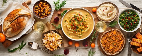 delicious Thanksgiving turkey dinner. pinnacle view table scene on a country white wood banner heritage. Turkey, mashed potatoes, stuffing, pumpkin pie and sides, pinnacle view