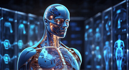 Human body anatomy with glowing medical background - obrazy, fototapety, plakaty