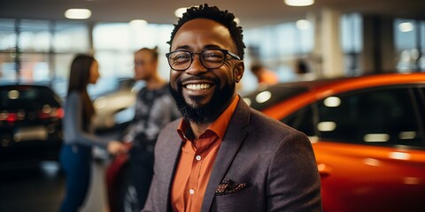 A Black man test driving a vehicle with a salesperson at an auto showroom. Concept Car Dealership, Test Drive Experience, Auto Sales, Customer Service, Diversity and Inclusion