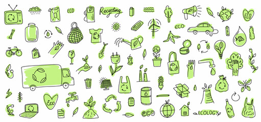 Vector collection of environmental symbols of renewable energy sources and waste recycling, hand-drawn in the style of doodles