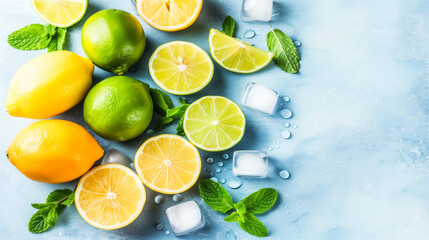 Fresh lemons and limes with mint leaves, sliced and whole, on a cool blue surface with melting ice cubes, perfect for refreshing summer drinks or garnishes.