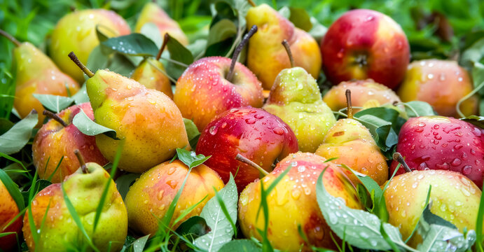 Fresh apples and pears with dew on the grass, a mix of red and green fruits amidst vibrant leaves, capturing the essence of a fruitful harvest and natural beauty.