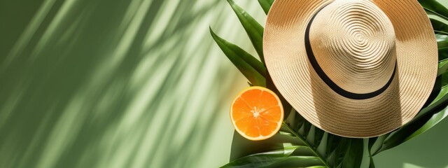 space for text banner Summer flat lay with straw hat,  orange fruit. Green background with palm leaf shadow. defocus.concept of summer store, tours, tickets - obrazy, fototapety, plakaty