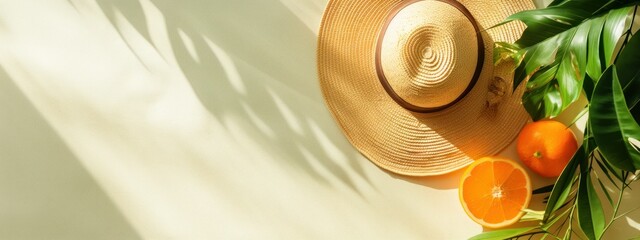 space for text banner Summer flat lay with straw hat,  orange fruit. yellow background with palm leaf shadow. defocus.concept of summer store, tours, tickets - obrazy, fototapety, plakaty