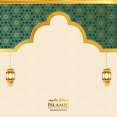 luxury green arch islamic ramadan eid background banner with lantern 