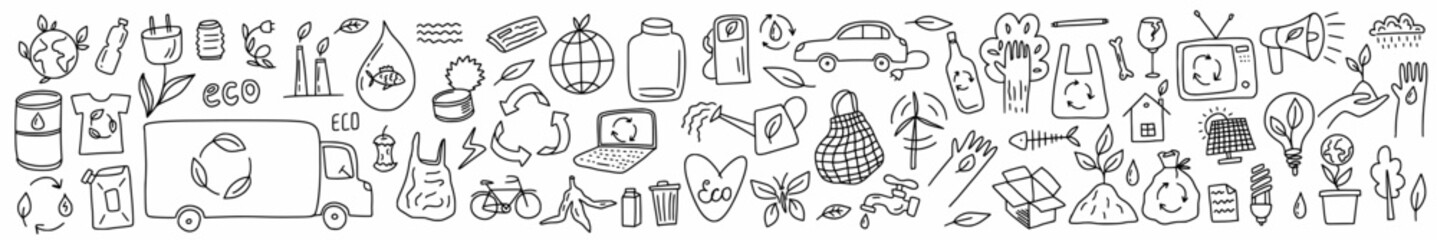 Vector, horizontal collection of environmental symbols of renewable energy sources and waste recycling, hand-drawn in the style of doodles