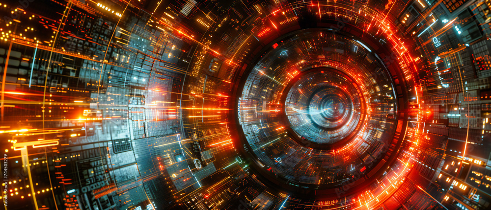 Poster a futuristic tunnel of light and technology, where the boundaries of space and science fiction merge