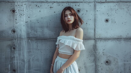 Fototapeta premium コンクリートの壁の前 若い日本人の女性