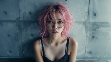 Naklejka premium ピンクの髪の毛 若い日本人のめがね女子