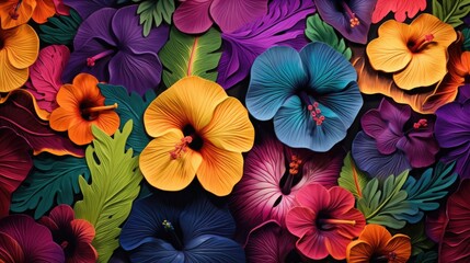 Colorful tropical flowers and green leaves illustration.