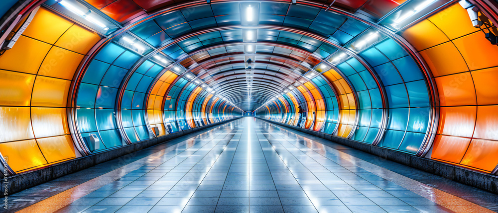 Poster a futuristic tunnel in a modern transit hub, where architecture and technology guide the way through