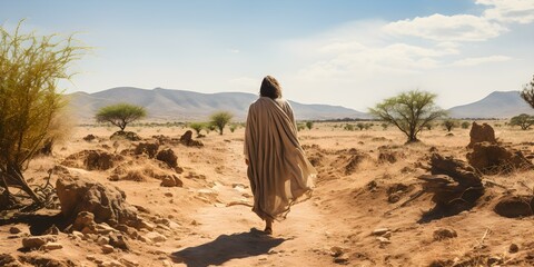 Religious man with a robe walking through arid wilderness during Lent. Concept Religious Events, Wilderness Photography, Lent Observance, Religious Symbols, Spiritual Journey - obrazy, fototapety, plakaty