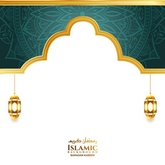 luxury green arch islamic ramadan eid background banner with lantern 