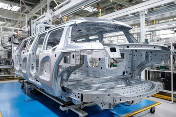 Assembly line of passenger car production at automobile factory on white background