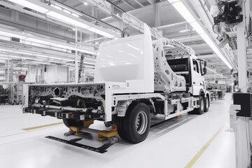 Truck assembly at auto factory on white background by skilled workers building vehicle