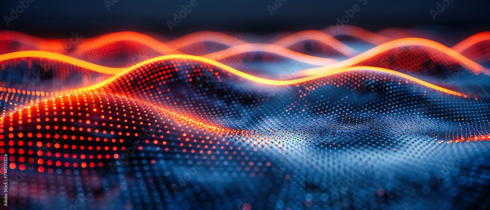 Poster a futuristic landscape where digital waves and geometric patterns merge, illustrating the flow of in