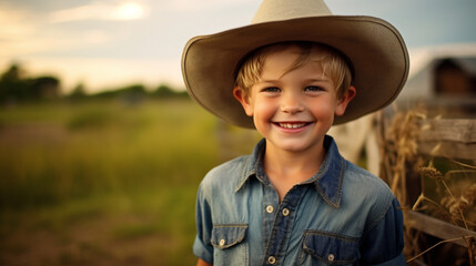 Cute little boy in cowboy hat on the background of a farm. Life on the farm, southern boy - obrazy, fototapety, plakaty