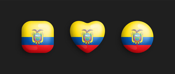 Ecuador Official National Flag 3D Vector Glossy Icons In Rounded Square, Heart And Circle Shapes Isolated On Black. Ecuadorian Sign And Symbols Graphic Design Elements Volumetric Buttons Collection