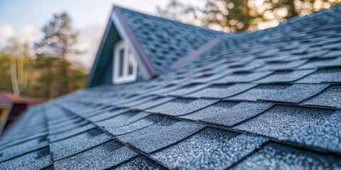 Roof Shingles Close-up. House roof, background with copy space. Tiles Roof shingles with garret.