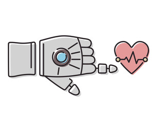 Robot hand pointing with index finger or touching heart with cardiogram. Vector isolated line icon. Symbol of modern medical technologies.