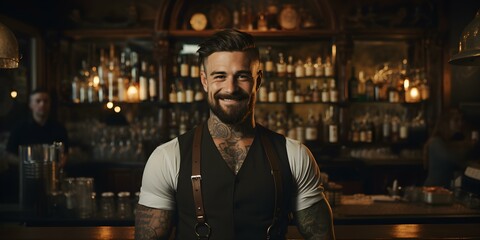 Fototapeta premium Confident tattooed bartender expresses independence and style working at the bar. Concept Bartender, Tattoo, Independence, Style, Bar