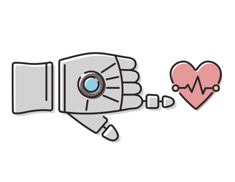 Robot hand pointing with index finger or touching heart with cardiogram. Vector isolated line icon. Symbol of modern medical technologies.