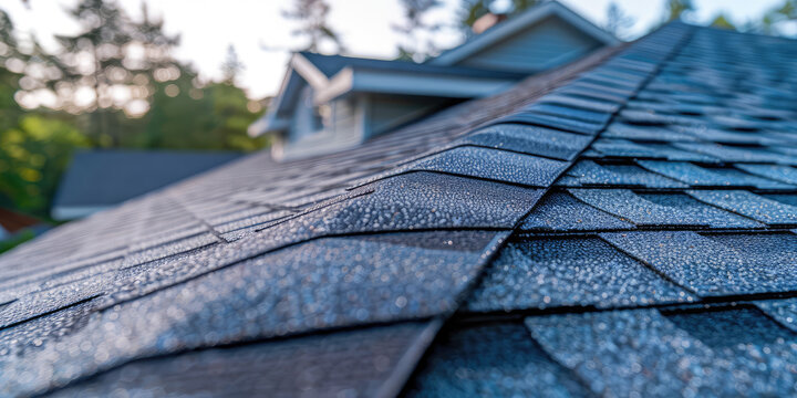 Roof Shingles Close-up. House roof, background with copy space. Tiles Roof shingles with garret.