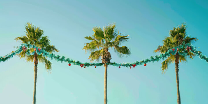 Tropical Christmas garland Lights on Palm Trees. Festive holiday lights adorning palm trees, blending tropical vibes with Christmas cheer, copy space.