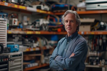 Experienced mature man stands in a cluttered tech workshop, arms crossed